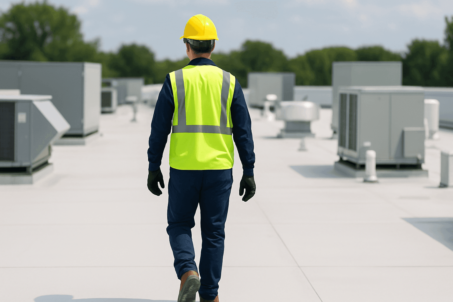 Technician inspecting large commercial flat roof system