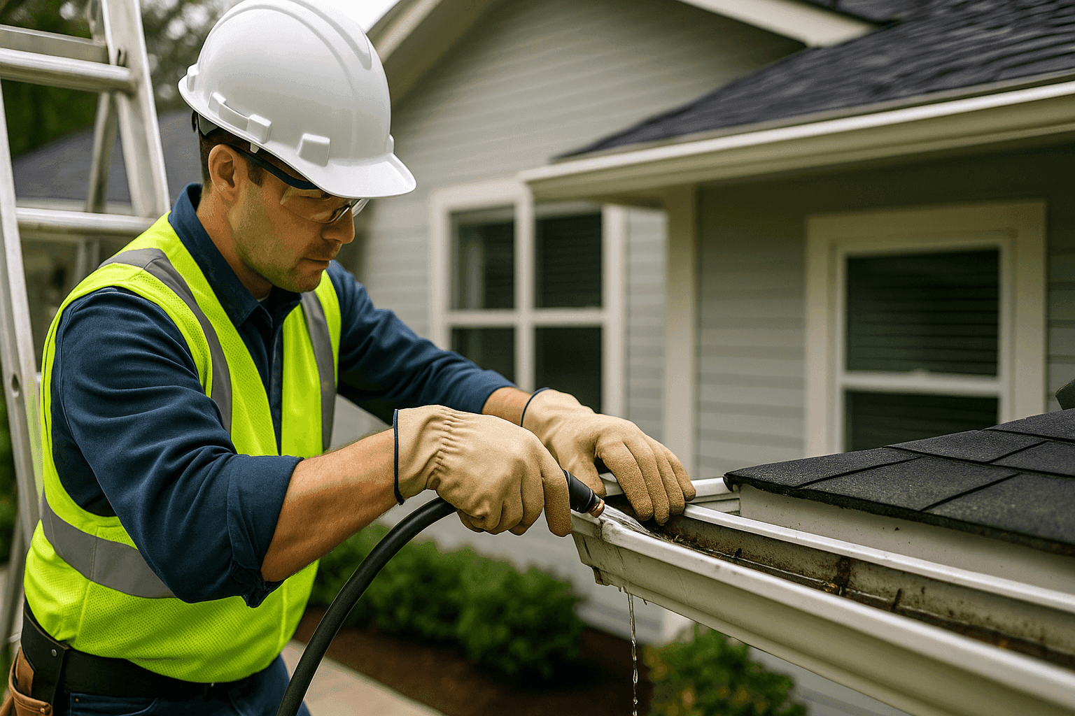 Technician cleaning gutters with gloved hands and hose