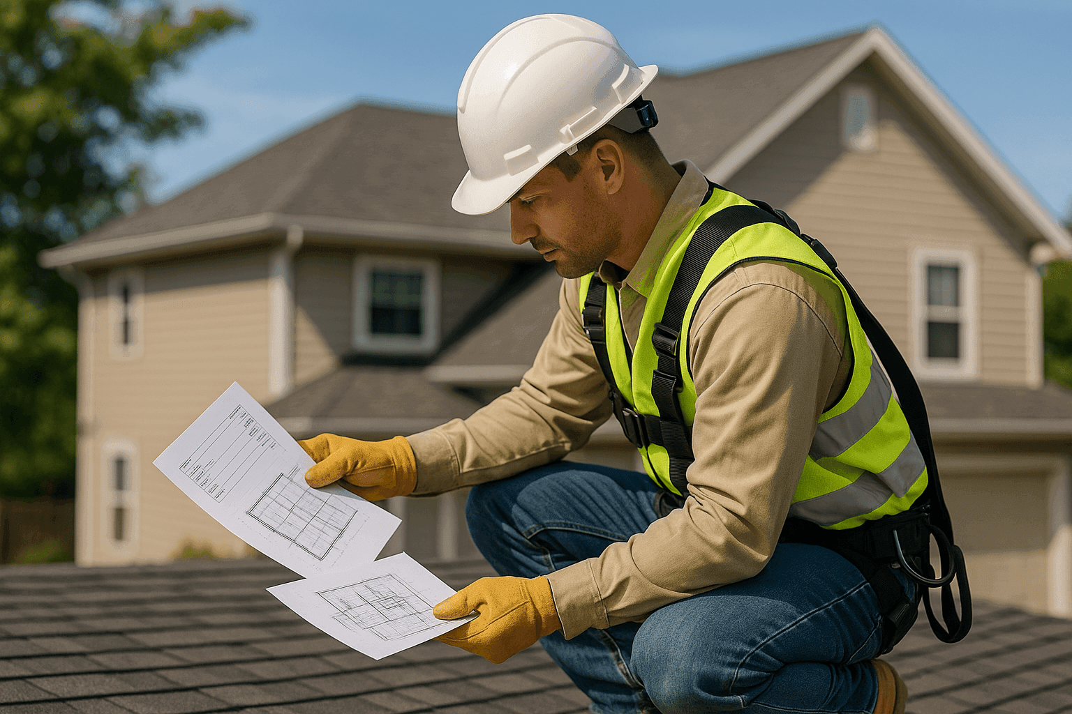 Roofer estimating cost on residential roof with blueprints