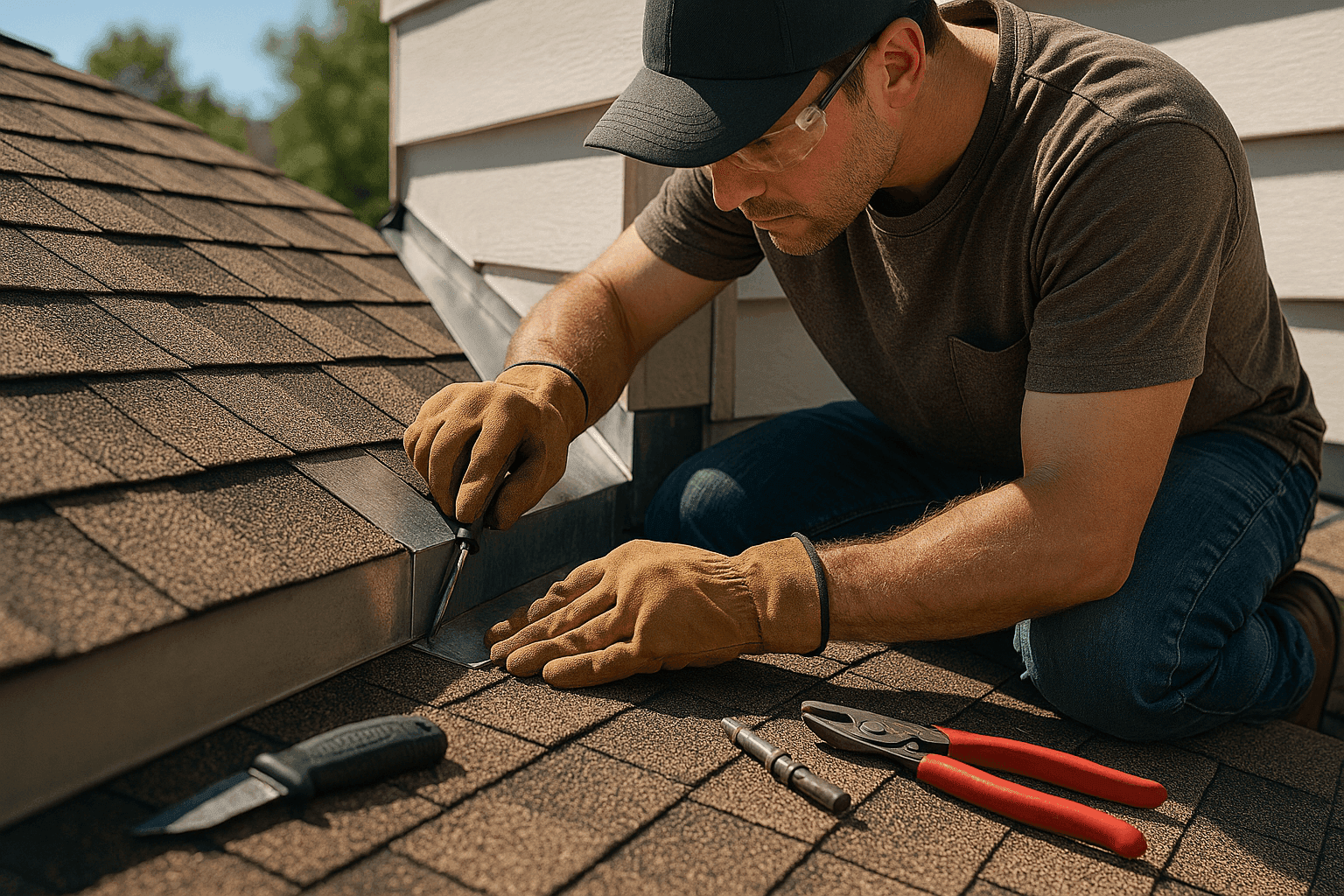 Roofer inspecting and repairing roof flashing on a shingle roof