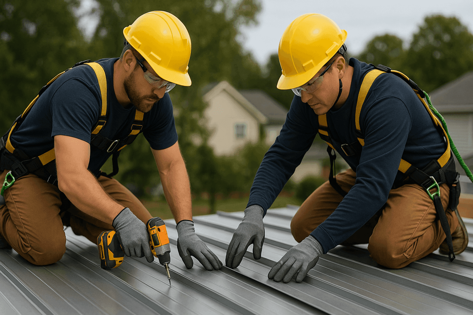 Technicians installing standing seam metal roof panels
