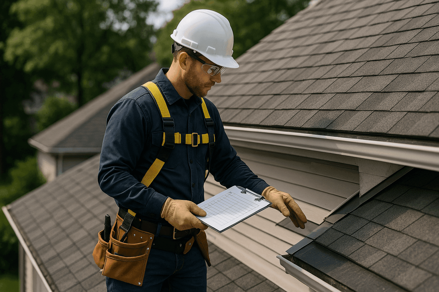 Technician performing seasonal roof maintenance with tool belt