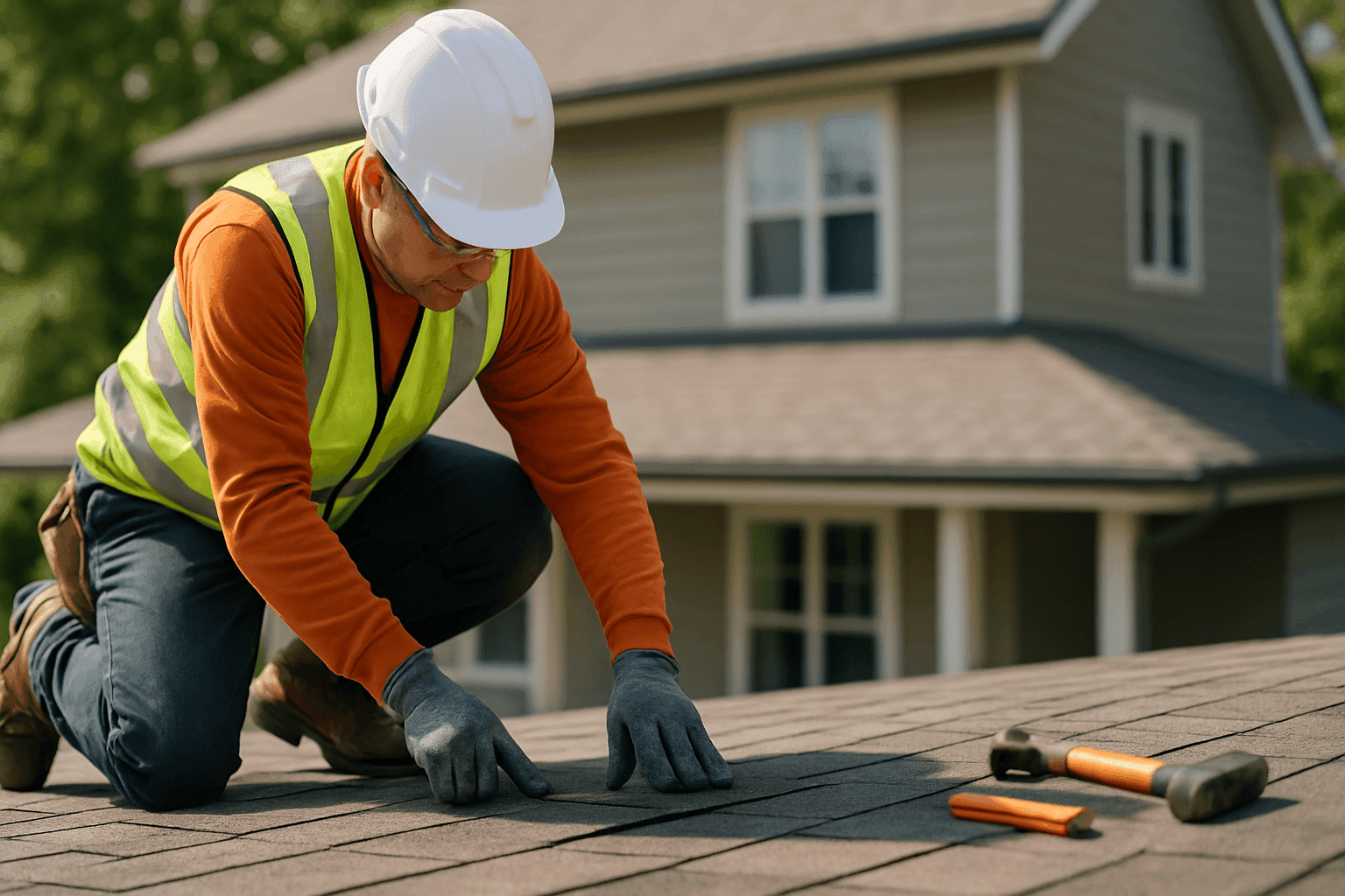 Roofer installing asphalt shingles on residential roof