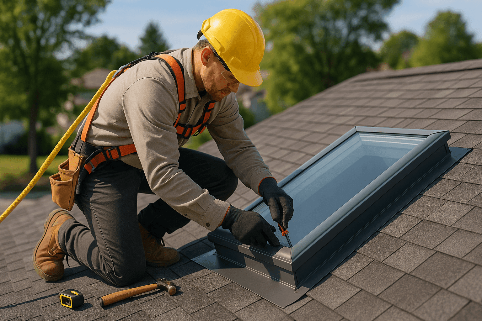 Technician installing skylight on residential roof with safety harness