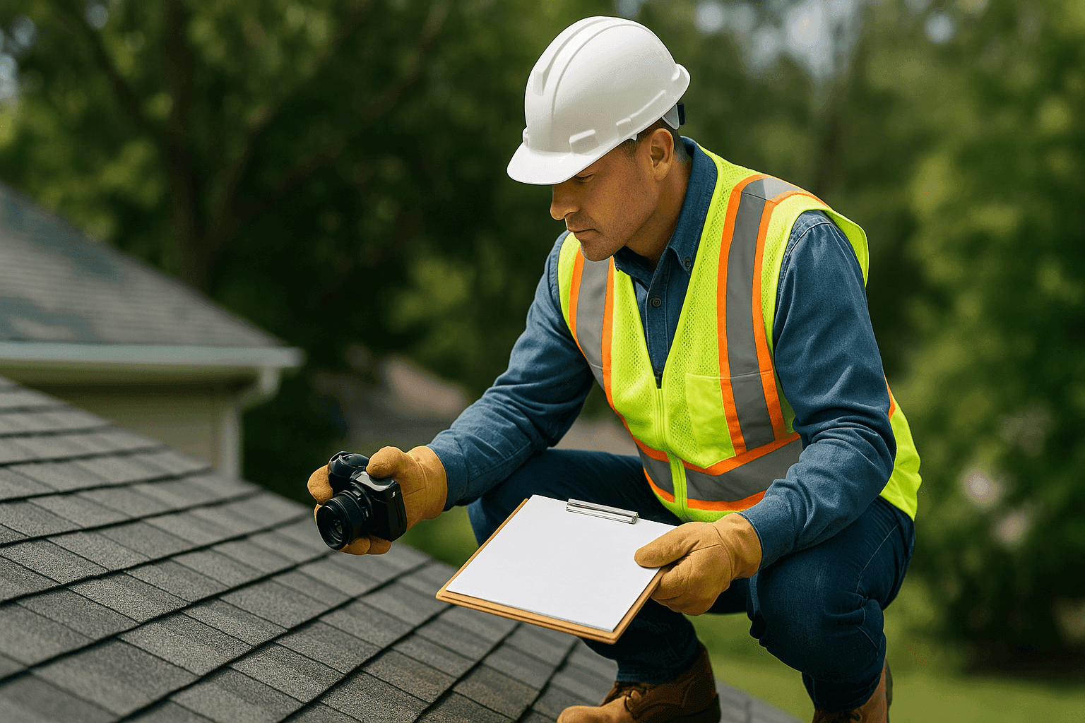 Roof inspector examining residential roof with clipboard and camera